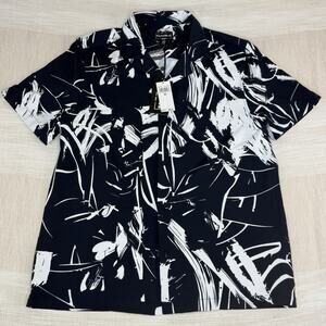 FOR THE REPUBLIC Men’s Button Up Abstract Print Shirt Stretch Medium Navy/White